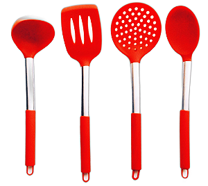 Kit 4 Utensílios de Cozinha Silicone com Cabo Inox - Luxo Vermelho UnyHome.