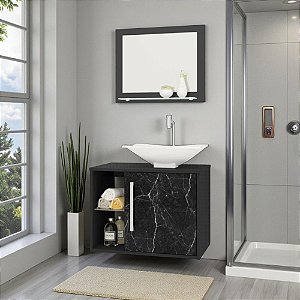 Gabinete E Espelheira Banheiro Com Suporte Preto Fosco Nero