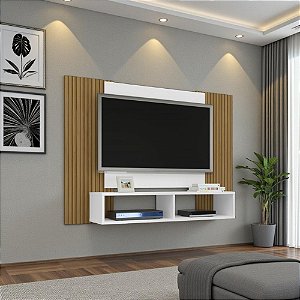 Painel Para Tv Ripado Madeira Nicho Suspenso Branco Ripado