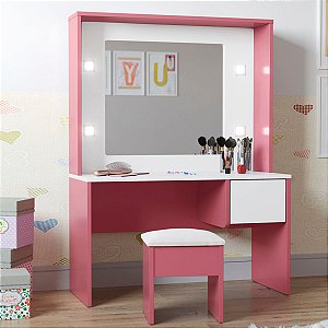 Penteadeira Infantil Diana Led E Banqueta Branco Rosa
