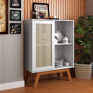 Balcão Alto Aparador Buffet Rattan Pés Em Madeira Branco