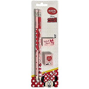 Kit Escolar Minnie Com 2 Lápis, 1 Apontador E 1 Borracha