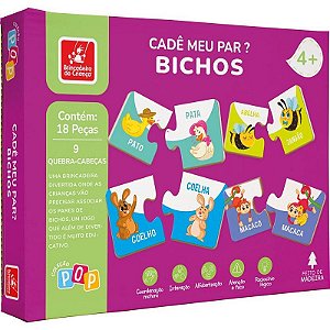 Quebra-cabeça Madeira Cade Meu Par? Bichos 18 Peças