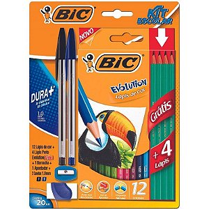 Kit Escolar Bic - 2 Canetas Dura + Lápis De Cor + 4 Lápis Preto + Apontador E Borracha