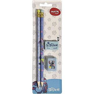 Kit Escolar Stitch Com 2 Lápis, Borracha E Apontador – Molin Com 4 Produtos