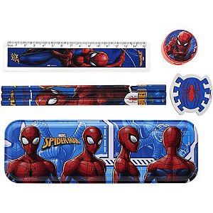 Kit Escolar Spider-man 7 Peças Com Estojo Metálico