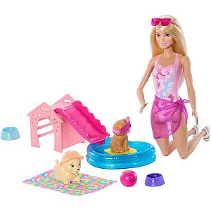 Barbie Family Festa Na Piscina Com Cachorrinho E Acessórios