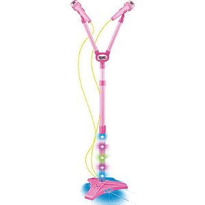 Instrumento Musical Microfone Duplo Com  Pedestal Rosa