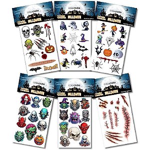 Tatuagens Temporárias Halloween Com 12 Unidades – Pacote Com 12 Cartelas