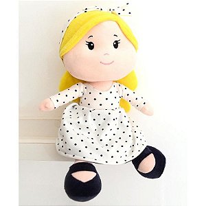 Boneca De Pelúcia Clara Loira 35cm Com Vestido Poá Azul