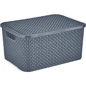 Caixa Plástica Multiuso Rattan Com Tampa Chumbo Grande 16 Litros