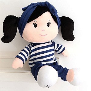 Boneca Anaju Negra 32cm Com Frases, Cabelo Preto E Roupinha Listrada
