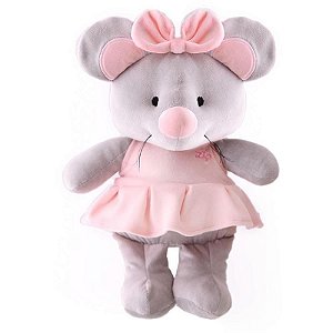 Pelúcia Lu Ratinha Antialérgica Cinza Com Vestido Rosa 34cm