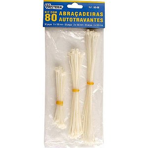 Kit De Abraçadeiras Nylon 10/15/20cm X 3mm Branca - Pacote Com 80 Unidades