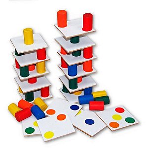 Brinquedo Pedagógico Torre Inteligente De Madeira - 18 Placas E 63 Peças