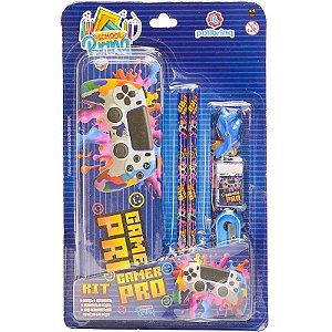 Kit Escolar Dino/gamer Com 6 Peças E Estojo Metálico Sortido