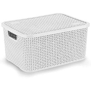 Caixa Plástica Multiuso Rattan Com Tampa Branco G 16l