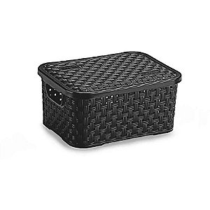 Caixa Plástica Multiuso Rattan Com Tampa Preto Pp 2l