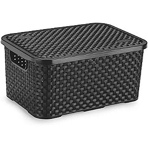 Caixa Plástica Multiuso Rattan Com Tampa 8l Preta