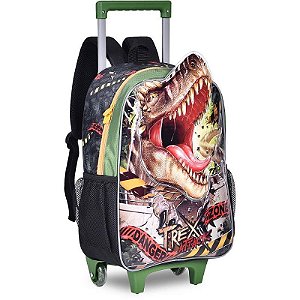 Mochila Infantil Com Rodinha T-rex 3d Grande + Estojo E Lancheira Kit
