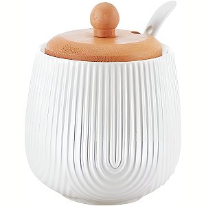 Açucareiro Colher Cerâmica Tampa Bambu Utensílios