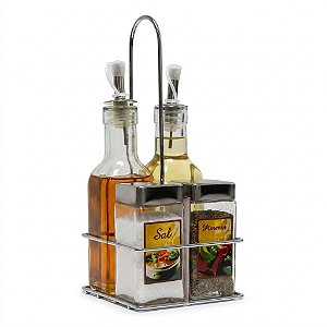 Conjunto Galheteiro 5 Peças Suporte Aço Inox Vidro