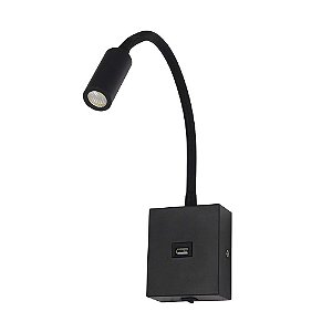 Arandela LED Aine Com Saída USB 2,1A 3W Branco Quente 3000K Preto - Nordecor