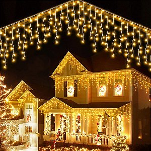 Cascata de LED 400L FIXO Blindado 220V 10M Branco Quente Tomada M/F Fio Branco