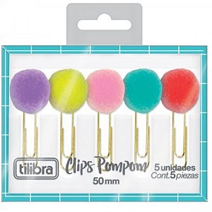 Clips Decorado 50mm Pompom Color Blister com 5 Unidades - Tilibra