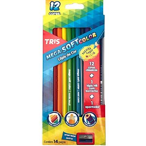 Lápis De Cor Triangular Mega Soft Color 12 Cores + Lápis Hb + Apontador - Tris