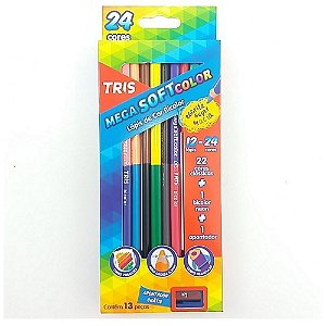 Lápis de cor Tris Mega Soft Color Com Apontador - 24 cores - Contém 13 peças