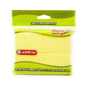 Bloco Adesivo Amarelo com 4 Unidades de 100folhas - Adelbras