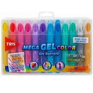 Giz De Cera Retrátil Mega Gel Color 12 Cores Metálicas Tris