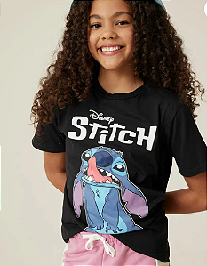 Camiseta Juvenil Feminina Stitch Disney - Preta