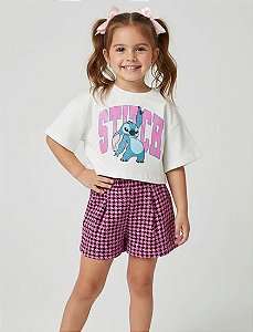 Conjunto Feminino Infantil Blusa Manga Curta e Short - Stitch - Disney