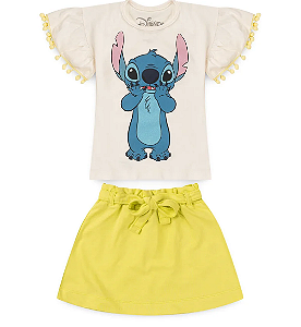 Conjunto Verão Infantil Feminino Blusa Off Stitch e Short Neon - Stitch