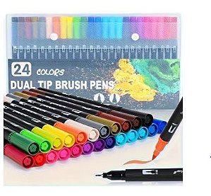 Caneta Brush Pen - Ponta Dupla - Kit 24 Cores - 2 Em 1 - Canetinha