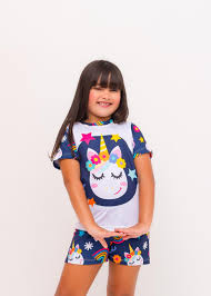 Pijama Infantil Suede Verão Manga Curta Mundo Colorá - Unicornio