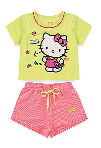 Conjunto Feminino Infantil Hello Kitty Blusa Verde Neon e Short Rosa Funday - Hello Kitty