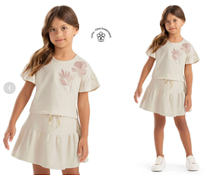 Conjunto Infantil Menina Linho Floral Croped e Saia Com Short - Colorittá - Bege - Ref 75275