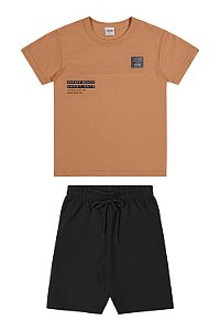 Conjunto Masculino Infantil Camiseta Laranja e Bermuda Preta  -  Elian - Ref 241388