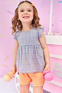 Conjunto de Bata em Chambray e Shorts em Malha Elastic Laranja - Ref 78143 - Kukiê