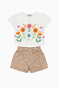 Conjunto Feminino Infantil Blusa Off Florida e Short Bege - Kukie - Ref 93045