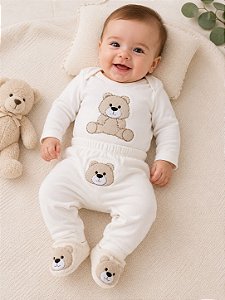 Conjunto Bebê 3 peças - Com Body, Mijão Bordado e Sapatinho - Ursinho Teddy