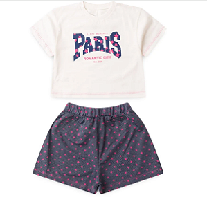 Conjunto Feminino Blusa Croped Off e Short Estampado EStrela
