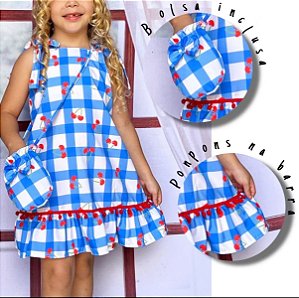 Vestido Feminino Infantil Alça de Amarrar Com Bolsa Tecido - Colorido Cereja e Xadrez Azul Branco