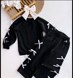 Conjunto feminino  Casual de 2 Peças, Blusão e Calça de Moletom Flanelado Preto Com Decoração de Laço Branco