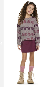 Conjunto Feminino infantil Blusa Manga Longa Estampada e Saia Com Short Marsala - Elian - Ref 252004