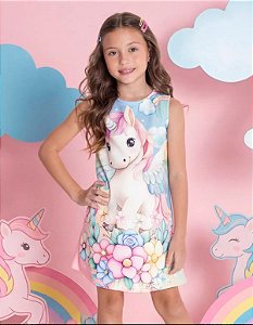 Vestido Infantil Menina Evase Neoprene - Unicornio - Regata - Ref 0401