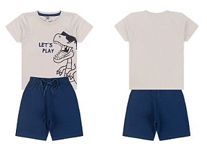 Conjunto Infantil Masculino Dinossauro Camiseta Cinza e Bermuda Moletinho Azul